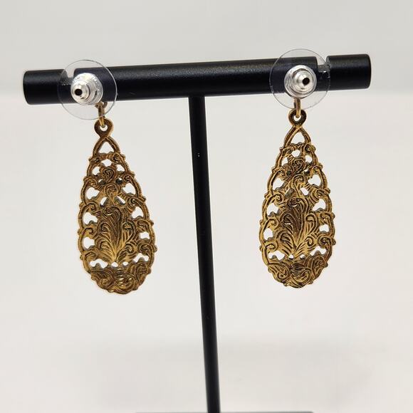 Teardrop Gold Tone Clear Rhinestone Dangle Drop Post Earrings Scrollwork Jewelry - Picture 4 of 5
